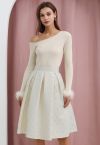 Embossed Heart Jacquard Pleated Flare Midi Skirt in Ivory