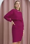 Pearl Neckline Ribbed Knit Twinset Dress in Magenta