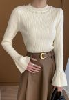 Pearl Adorned Flare Cuffs Ribbed Knit Top in Cream