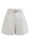 Solid Color Belted Shorts in Ivory