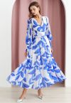 Blue Leaf Crisscross Waist Chiffon Maxi Dress