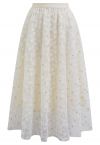 Daisy Embroidered Mesh Tulle Midi Skirt in Cream