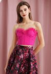 Feather Trim Bustier Crop Top in Hot Pink