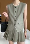 Button Front Vest Blazer and Pleated Mini Skirt Set in Sage