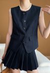 Button Front Vest Blazer and Pleated Mini Skirt Set in Navy