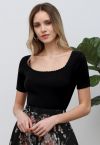 Scalloped Edge Square Neck Short Sleeve Knit Top in Black