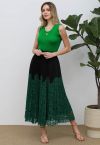 Floral Lace Spliced Pleated Maxi Skirt in Dark Green