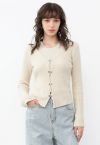 Hook Fastening Ribbed Knit Cardigan in Cream