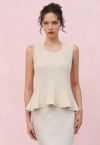 Scoop Neck Ruffle Hem Sleeveless Knit Top in Cream