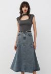 Pocket Trim Belted Denim Flare Skirt in Blue