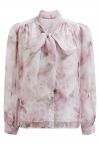 Bowknot Neck Watercolor Floral Sheer Shirt in Pink