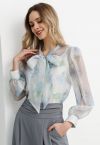 Enthralling Watercolor Floral Bowknot Sheer Shirt in Blue