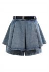 Front Pleated Belt Denim Mini Skorts in Blue