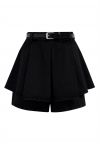 Front Pleated Belt Denim Mini Skorts in Black