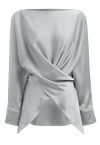 Boat Neck Crisscross Waist Satin Top in Grey