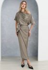 Satin Short-Sleeve Wrapped Waist Maxi Dress in Taupe