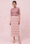 Ruched Mesh Fuzzy Sequin Pencil Skirt in Pink