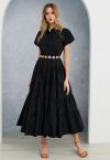 Short Sleeves Frilling Cotton Maxi Dress in Black