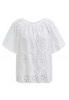 Floral Eyelet Embroidery Bubble Sleeves Top in White