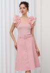 Shimmer Tweed Belted A-Line Midi Skirt in Pink