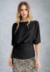 Boat Neck Tie-Waist Satin Top in Black