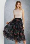 Fairy Dream Floral Ruffle Mesh Midi Skirt in Black