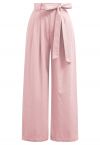 Bow Tie Sash Pleated Wide-Leg Pants in Pink