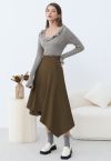 Belt Trim Asymmetry Flowy Midi Skirt in Khaki