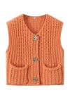 Bold Golden Buttons Patch Pocket Chunky Knit Vest in Orange