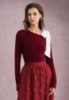 Sheer Tie-Strap One Shoulder Knit Top in Burgundy