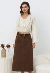 Utility Chic Belted Pocket Trim Denim Skirt in Brown