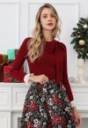 Side Bowknot Spliced Ruffle Cuff Top in Red