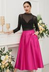 Sleek Side Pockets Pleated A-Line Midi Skirt in Hot Pink