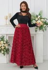 Rose Petal Embellished Mesh Maxi Skirt in Red