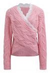 Lace Trim Crisscross Cable-Knit Sweater in Pink