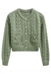 Heart Button Hollow Out Crop Knit Cardigan in Pistachio