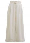 Urban-Casual Pleats Wide-Leg Pants with Belt in Ivory