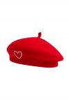 Embroidered Heart Wool-Blend Beret in Red