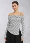 Flap Off-Shoulder Asymmetric Ruched Top in Stripe