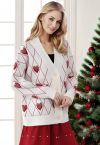 Diamond-Shape Heart Pattern Button-Up Cardigan in White