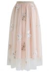 Butterfly Embroidered Double-Layered Mesh Midi Skirt