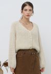 Hand-Knit Drop-Shoulder Buttoned Crop Cardigan in Ivory