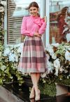 Greatest Embrace Check Wool-Blend Midi Skirt in Pink 