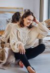 Hand-Knit Puff Sleeves Sweater in Cream