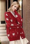 Diamond-Shape Heart Pattern Button-Up Cardigan in Red