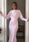 Boat Neck Crisscross Waist Satin Top in Pink