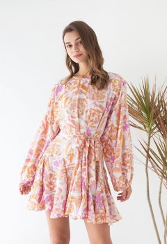 Rose Painting Bubble Sleeves Frilling Dress