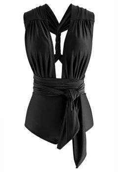 Lace-Up Deep V-Neck One-Piece Swimsuit in Black