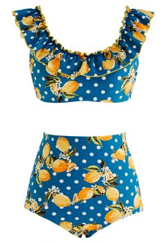 Lemon Dotted Print Ruffle Bikini Set