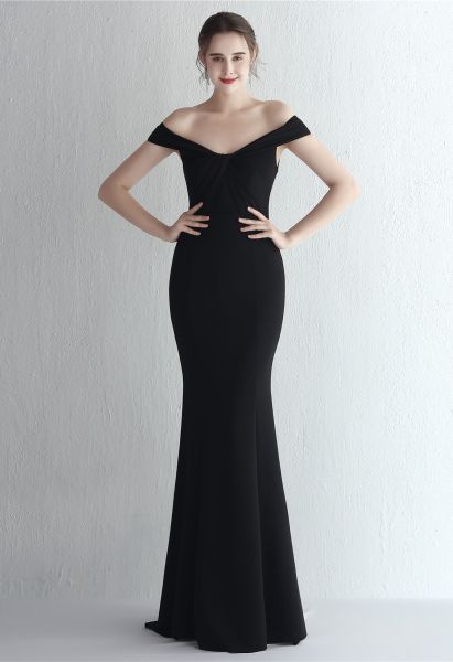 Twist Front Off-Shoulder Gown in Black